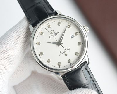 Omega 40*12mm Imported Citizen Movement 316L Steel Genuine Cow Leather Strap Silver Case Men Watch